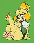  1-upclock animal_crossing anthro barefoot blush breasts butt canine clothed clothing dog feet female foot_fetish fur hair hi_res isabelle_(animal_crossing) mammal nintendo nipples open_mouth paws presenting presenting_hindquarters simple_background smile soles solo toes video_games yellow_fur 
