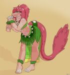  2026 absurd_res ankleband anthro arm_tattoo artist_name ashley_(volcaldera_ashfall) biped blush bra bracelet cavemanon_studios clothing colored dinosaur dromaeosaurid elbow_feathers eyebrow_through_hair eyebrows feathered_tail feathers feet female fingers foot_tattoo front_view full-length_portrait grass_skirt green_bra green_clothing green_eyes green_underwear hair hands_together hi_res humanoid_feet humanoid_hands hyuvevo jewelry leaning leaning_forward long_hair long_tail looking_at_viewer necklace plantigrade portrait pose prehistoric_species red_body red_feathers red_hair reptile saurischian scalie shaded shoulder_tattoo simple_background smile solo standing tail tan_body tattoo text theropod toes translucent translucent_hair tribal underwear volcaldera_ashfall yellow_background 