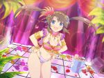  1girl :d armlet belly_chain blue_eyes blue_gem blue_panties blush bra bracelet breasts brooch brown_hair bucket candy chocolate chocolate_bar cleavage collar cookie curtains dancer detached_collar double_bikini fang feather_hair_ornament feathers flower food frills game_cg gem gold gold_armlet gold_bracelet gold_hairband green_hair_ornament groin hair_ornament hairband hamster_print hands_on_own_hips headdress heart heart_brooch heart_o-ring jewelry large_breasts leaf lollipop long_hair looking_at_viewer minori_(senran_kagura) navel non-web_source o-ring o-ring_bottom o-ring_panties official_art open_mouth orange_flower orange_rose panties pink_bra pink_collar plant purple_bra purple_flower purple_panties purple_rose red_feathers red_flower red_gem red_rose revealing_clothes ring_hair_ornament rose samba_costume senran_kagura senran_kagura_new_link showgirl sidelocks smile solo sparkle stage swirl_lollipop tassel twintails underwear wrapped_candy yellow_flower yellow_pupils yellow_rose 