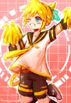  1boy ahoge artist_name bass_clef belt black_sailor_collar black_shoes black_shorts blonde_hair blue_eyes blush detached_sleeves double-parted_bangs foot_out_of_frame green_ribbon grid_background hair_between_eyes hair_ribbon highres kagamine_len leg_warmers looking_at_viewer male_focus necktie one_eye_closed open_mouth pom_pom_(cheerleading) ponytail red_background ribbon sailor_collar shirt shoes shootingstareon short_sleeves shorts sidelocks sketch solo teeth vocaloid white_shirt yellow_necktie 