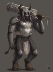  2017 5_fingers anthro armor bovine breastplate brown_eyes brown_fur brown_horn brown_tail cattle clothed clothing cloven_hooves digital_media_(artwork) front_view full-length_portrait fur greaves grey_background grey_hooves grey_theme helmet hi_res holding_object holding_weapon hooves horn humanoid_hands knee_pads loincloth looking_at_viewer male mammal melee_weapon pauldron portrait rov signature simple_background solo standing sword tail_tuft tuft vambraces weapon 
