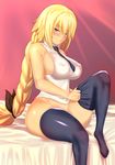  absurdres adjusting_clothes adjusting_legwear aster_crowley bangs black_eyes black_legwear black_neckwear blonde_hair blush braid breasts closed_mouth commentary_request fate/apocrypha fate_(series) hair_ribbon highres impossible_clothes impossible_shirt jeanne_d'arc_(fate) jeanne_d'arc_(fate)_(all) large_breasts long_hair looking_at_viewer necktie no_panties on_bed ribbon shirt sideboob single_braid sitting sitting_on_bed sleeveless sleeveless_shirt smile solo thighhighs very_long_hair white_shirt 