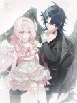  1boy 1girl absurdres ahoge angel angel_wings arm_ribbon bandaged_hand bandaged_neck bandages black_shirt black_suit black_wings blue_eyes blue_hair blush chain character_request closed_mouth collarbone commission copyright_request dot_nose dotted_background dress earrings feathered_wings flat_chest frilled_thigh_strap frills heart heart_in_eye highres holding_hands jewelry layered_dress long_hair looking_at_another medium_hair multicolored_dress orange_eyes parted_lips partially_unbuttoned pink_dress pink_hair pink_ribbon r0muru red_ribbon ribbon shirt single_thighhigh sitting sitting_on_leg sleeveless sleeveless_dress suit symbol_in_eye tassel tassel_earrings thigh_strap thighhighs white_dress white_thighhighs white_wings wings 