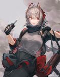  1girl absurdres antenna_hair arknights black_gloves black_jacket black_pantyhose chinese_commentary commentary_request cowboy_shot detonator fingerless_gloves gloves grenade_pin grey_hair grey_shirt highres holding holding_detonator jacket light_smile looking_at_viewer multicolored_hair open_clothes open_jacket orange_eyes pantyhose red_hair scar scar_on_arm shirt short_hair solo streaked_hair w_(arknights) wangmou_zilaojuan watermark weibo_watermark 