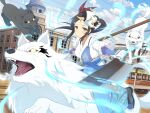  1girl animal animal_ears armor asymmetrical_dual_wielding blue_hakama blue_sky blush bow breasts brown_hair building city claws cleaver closed_mouth clothing_cutout cloud cloudy_sky daigorou_(senran_kagura) day dual_wielding energy fangs floral_print_bow floral_print_ribbon frilled_kimono frills gessen_academy_school_uniform gloves green_eyes hair_ribbon hakama hannya hip_vent holding holding_cleaver holding_polearm holding_weapon japanese_armor japanese_clothes kagerou_(senran_kagura) kimono kotarou_(senran_kagura) kote large_breasts long_hair looking_at_viewer mask mask_on_head muneate murakumo_(senran_kagura) noh_mask non-web_source oni_mask open_mouth outdoors overhead_line oversized_animal polearm power_lines railroad_tracks ribbon riding riding_animal school_emblem school_uniform senran_kagura senran_kagura_new_link side_ponytail sitting_on_animal sky solo streetcar tail tongue utility_pole waist_bow weapon white_fur white_gloves white_kimono white_wolf wolf wolf_ears wolf_tail yellow_eyes 