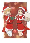  2girls aisha_greyrat belt box christmas dress fang gift gift_box green_eyes hat highres looking_at_viewer midcalf_boots multiple_girls mushoku_tensei norn_greyrat ponytail red_shoes santa_costume santa_dress santa_hat shoes siblings sisters thighhighs white_thighhighs yaken_(11keionnota06) 