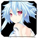  1girl absurdres ahoge bangs bare_shoulders blanc blue_hair choujigen_game_neptune hair_between_eyes highres leotard looking_at_viewer neptune_(series) power_symbol ramu-on@_shinon red_eyes short_hair_with_long_locks sidelocks small_breasts smile solo symbol-shaped_pupils white_heart 