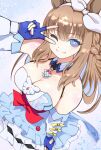  +_+ 1girl ;) almond_eye_(the_changer)_(umamusume) almond_eye_(umamusume) animal_ears arm_up bare_shoulders blue_dress blue_eyes blue_gloves blue_hair blunt_bangs blush bow bow_hairband braid braided_sidelocks breasts bright_pupils brown_hair checkered_collar cleavage closed_mouth colored_inner_hair commentary detached_collar detached_sleeves dress fingerless_gloves frilled_dress frills gloves hair_between_eyes hair_ornament hairband highres horse_ears horse_girl ibispaint_(medium) large_breasts layered_dress long_hair looking_at_viewer multicolored_hair one_eye_closed red_button revision sidelocks sleeveless sleeveless_dress smile solo standing symbol-shaped_pupils tamagushi_(rif-33) umamusume v v_over_eye white_dress white_hairband white_sleeves x-shaped_pupils 