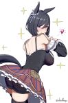  1girl ahiru3desuyo animal_ears bike_shorts black_bodice black_hair black_shorts black_sleeves black_tail black_thighhighs blue_eyes blue_ribbon bob_cut bodice choker closed_mouth commentary_request cowboy_shot detached_sleeves dirndl ear_ornament ear_ribbon ear_scrunchie eishin_flash_(meisterschaft)_(umamusume) eishin_flash_(umamusume) frilled_skirt frilled_sleeves frills from_behind german_clothes hair_between_eyes heart highres horse_ears horse_girl horse_tail looking_at_viewer looking_back medium_hair red_choker red_skirt ribbon shorts sidelighting sideways_glance simple_background skirt smile solo standing striped_clothes striped_ribbon striped_skirt tail thighhighs twitter_username umamusume vertical-striped_clothes vertical-striped_skirt white_background wide_sleeves 
