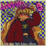  >:) 1990s_fashion 1girl absurdres adjusting_eyewear ahoge album_cover album_name arm_up artist_logo artist_name belt black_pants black_shirt blonde_hair blue_belt blush_stickers border breasts cargo_pants checkered_background closed_mouth coat commentary contemporary cover cowboy_shot crescent earrings english_commentary eyes_visible_through_hair eyewear_on_head floating_earrings fur_coat hair_over_one_eye highres jewelry junko_(touhou) lipstick logo long_hair long_sleeves looking_at_viewer makeup medium_breasts midriff navel no_pupils noctiilio outline pants pinky_out pocket print_shirt puffy_long_sleeves puffy_sleeves red-tinted_eyewear red_coat red_eyes red_lips red_nose shirt sidelocks smile solo sparkle standing sunglasses tinted_eyewear touhou v-shaped_eyebrows very_long_hair white_border white_outline wispy_bangs 