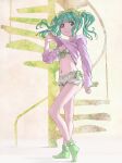  1girl bra breasts cleavage clothes_lift futaba_sana green_eyes green_hair green_socks hair_ornament hair_scrunchie highres lingerie long_sleeves looking_at_viewer magia_record:_mahou_shoujo_madoka_magica_gaiden mahou_shoujo_madoka_magica marutaya navel scrunchie shirt_lift short_shorts shorts simple_background small_breasts smile socks spiral_staircase stairs twintails underwear white_bra white_shorts yellow_scrunchie 