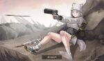  1girl absurdres animal_ears arknights arknights:_endfield arrow_(projectile) black_shoes blood blood_on_weapon blue_eyes blurry chinese_commentary chinese_text colored_shoe_soles commentary_request day estella_(arknights) fingerless_gloves full_body gauze gauze_on_knee gauze_on_leg gauze_on_thigh gloves grey_gloves grey_hair grey_hat grey_shoes grey_socks grey_tail gun handgun hat highres holding holding_gun holding_weapon imminent_death kneehighs long_sleeves medium_hair motion_blur on_ground outdoors paid_reward_available shoes single_shoe sitting socks solo sword t90s_mk2 tail translation_request variant_set weapon 