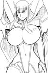  1girl armor black_hair blush breasts cameltoe curvy gray_impact groin kill_la_kill kiryuuin_satsuki large_breasts living_clothes monochrome navel nipples pussy solo uncensored 