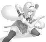 1girl 7saki bow bowtie breasts closed_mouth collared_shirt commentary frilled_skirt frills glint greyscale hairband hitodama hitodama_print holding holding_sword holding_weapon katana konpaku_youmu konpaku_youmu_(ghost) large_breasts looking_at_viewer medium_hair monochrome pleated_skirt puffy_short_sleeves puffy_sleeves sheath sheathed shirt shoes short_sleeves skirt solo sword thighhighs touhou unsheathing vest weapon 