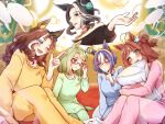  5girls ahoge air_messiah_(umamusume) alternate_costume animal_ears black_hair blue_eyes blue_hair blue_pajamas blush braid breasts brown_hair cesario_(umamusume) commentary_request crown_braid daring_heart_(umamusume) ear_covers glasses green_hair green_pajamas hair_between_eyes hair_ornament hairclip highres horse_ears horse_girl horse_tail long_hair mejiro_ramonu_(casual)_(umamusume) mejiro_ramonu_(umamusume) multicolored_hair multiple_girls oekaki_takamiy open_mouth pajamas pillow pink_pajamas purple_eyes rhein_kraft_(umamusume) short_hair smile tail umamusume white_hair yellow_pajamas 