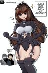  1boy 2girls ahoge aozaki_aoko black_garter_straps black_gloves black_hair black_jacket black_leotard black_thighhighs blue_eyes breasts brown_hair clenched_hands closed_eyes commentary cosplay elbow_gloves english_commentary english_text fate/strange_fake fate_(series) garter_straps gloves hair_intakes highleg highleg_leotard highres jacket jamshrimpy kuonji_alice large_breasts leotard long_sleeves mahou_tsukai_no_yoru maysia_kwo maysia_kwo_(cosplay) multiple_girls o-ring open_mouth shizuki_soujuurou simple_background sparkle thighhighs twitter_username white_background 
