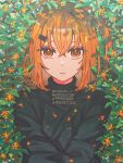  1girl a.i._voice absurdres adachi_rei black_shirt closed_mouth flower gold_osmanthus highres looking_at_viewer medium_hair nisui57 no_jacket orange_eyes orange_flower orange_hair outdoors plant shirt solo straight-on turtleneck upper_body utau 