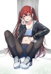 1girl absurdres black_jacket blush bottle commentary commission contemporary crop_top english_commentary entogman fire_emblem fire_emblem_awakening full_body highres jacket long_hair midriff navel pantyhose red_eyes red_hair resting second-party_source severa_(fire_emblem) shoes shorts simple_background sitting smile solo sports_bra sportswear track_jacket twintails upshorts v water_bottle white_background 