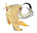  1boy amano_yoshitaka artist_name colored_skin final_fantasy final_fantasy_iv full_body hood looking_at_viewer looking_to_the_side no_pupils official_art purple_skin scarmiglione sharp_teeth solo sword teeth third-party_source weapon yellow_cloak zombie 