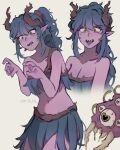  1girl absurdres blue_hair breasts cleavage colored_skin cowboy_shot cropped_torso dryad_(terraria) eater_of_worlds_(terraria) grass_skirt green_eyes heart heart-shaped_eyes highres latti_tudes long_hair meme midriff monster multiple_views navel open_mouth pointy_ears ponytail purple_skin sharp_teeth sidelocks simple_background small_brain_man_shouting_at_big_brain_man_(meme) solo teeth terraria tongue tongue_out white_background 