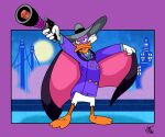 2026 3_toes anatid anniversary anseriform anthro avian beak bird cape city city_background clothing coat darkwing_duck disney drake_mallard duck ducktales feathers feet gold_buttons grey_clothing grey_fedora grey_hat grey_headwear gun hat headgear headwear holding_gun holding_object holding_ranged_weapon holding_weapon male membrane_(anatomy) moon orange_beak orange_bill orange_feet pink_cape pink_clothing purple_clothing purple_coat purple_mask purple_topwear ranged_weapon solo sweater toes topwear turtleneck unclescooter weapon webbed_feet white_body white_feathers