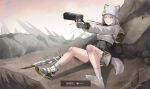  1girl absurdres animal_ears arknights arknights:_endfield arrow_(projectile) black_shoes bleeding blood blood_on_weapon blood_spray blue_eyes chinese_commentary chinese_text colored_shoe_soles commentary_request constricted_pupils day dying estella_(arknights) fingerless_gloves full_body gauze gauze_on_knee gauze_on_leg gauze_on_thigh gloves grey_gloves grey_hair grey_hat grey_shoes grey_socks grey_tail gun handgun hat highres holding holding_gun holding_weapon kneehighs long_sleeves medium_hair on_ground outdoors paid_reward_available shoes single_shoe sitting socks solo sword t90s_mk2 tail translation_request variant_set weapon 