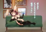  ad animal_ears bunny_ears choir_(artist) cigar commentary_request couch cup drinking_glass elbow_gloves flat_chest gloves highres inaba_tewi licking_lips looking_at_viewer lying on_side photo_(object) red_eyes revealing_clothes seductive_smile smile thighhighs tongue tongue_out touhou translation_request 