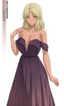  1girl artist_name bare_shoulders blonde_hair blush breasts cleavage commission cowboy_shot dress evening_gown green_eyes highres large_breasts looking_at_viewer medium_hair mzrz original pink_nails purple_dress solo strapless strapless_dress tan white_background 