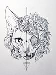  ambiguous_gender black_and_white casynuf cat directional_arrow eyelashes fangs feline feral flower front_view fur headshot_portrait hi_res intersection leaves looking_at_viewer mammal monochrome plant portrait rose signature skull slit_pupils solo 