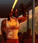  2017 anthro black_nose brown_fur bus canine clothing dirty eyebrows fur gloves_(marking) grin hi_res hyena in_vehicle kamelotnoah male mammal markings multicolored_fur muscular muscular_male sharp_teeth shirt shorts slit_pupils smelly_armpit smile standing sweat tagme tan_fur tank_top teeth train vehicle yellow_eyes 