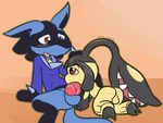  ahegao all_fours animal_genitalia anthro anus backsack balls blue_balls blush bottomless brown_eyes butt canine clothed clothing duo erection eye_contact fan_character felicario felino fellatio knot looking_pleasured lucario male male/male male_penetrating mammal mawile nintendo nude oral oral_penetration penetration penis pok&eacute;mon reclining saliva sex sheath shirt signature simple_background spread_legs spreading teeth tongue tongue_out video_games yellow_balls 