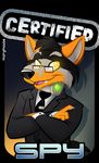  2016 anthro badge black_fur black_hair black_nose canine claws clothed clothing collar crossed_arms english_text eyewear folf fox fully_clothed fur glasses glowing glowing_eyes grey_fur hair hybrid kazuto_nightwolf looking_at_viewer male mammal marymouse name_badge necktie orange_fur simple_background smile solo spy suit teeth text tie_clip wolf wolfgang151 yellow_eyes 