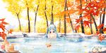 blue_eyes blue_hair breasts collarbone day floating_hair hair_between_eyes hair_ornament hatsune_miku highres leaf long_hair looking_at_viewer nude onsen open_mouth outdoors partially_submerged sanaa sideboob sitting small_breasts snow solo tree twintails very_long_hair vocaloid 