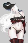  aircraft_carrier_summer_hime bikini black_bikini black_gloves black_hat breast_lift breasts collarbone elbow_gloves gloves grey_background hat hayabusa kantai_collection large_breasts long_hair looking_at_viewer lying navel on_back pale_skin red_eyes shadow shinkaisei-kan side-tie_bikini solo sun_hat swimsuit thighhighs underboob white_hair 