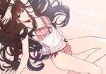  aqua_eyes ariake_aria arm_up babydoll breasts brown_hair cardia_beckford character_name cleavage code:realize eyebrows_visible_through_hair frills large_breasts legs lingerie long_hair looking_at_viewer parted_lips pink_background see-through simple_background solo underwear 