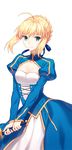  ahoge artoria_pendragon_(all) blonde_hair blue_ribbon breasts cleavage dress eyebrows_visible_through_hair fate/stay_night fate_(series) green_eyes hair_between_eyes hair_ribbon holding holding_sword holding_weapon looking_at_viewer ribbon saber sidelocks simple_background small_breasts solo standing sword weapon white_background yaho_(yaho0211) 
