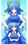  &gt;:) :d alternate_breast_size alternate_hair_length alternate_hairstyle blue_dress blue_eyes blue_hair bow breast_rest breasts breasts_on_head cirno commentary_request crossed_arms dress dual_persona eyebrows_visible_through_hair hair_between_eyes hair_bow hands_on_hips highres ice ice_wings large_breasts long_hair looking_at_viewer multiple_girls older open_mouth osashin_(osada) puffy_short_sleeves puffy_sleeves ribbon short_hair short_sleeves smile touhou v-shaped_eyebrows very_long_hair wings 