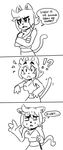  ?! anaugi anthro black_and_white breaking_the_fourth_wall breasts cat chest_tuft crossed_arms dialogue english_text feline female mammal monochrome nervous penny_(anaugi) sequence solo speech_bubble sweat text tuft waving 