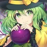  bangs black_hat blush bow bright_pupils caramell0501 closed_mouth colored_eyelashes commentary_request frilled_shirt_collar frilled_sleeves frills gradient gradient_background green_eyes green_hair grey_background hair_between_eyes hat hat_bow komeiji_koishi long_hair long_sleeves looking_at_viewer smile solo sparkle tareme third_eye touhou upper_body wide_sleeves yellow_bow 