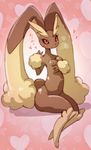  &lt;3 anthro black_sclera blush breasts breath brown_fur cleavage clothed clothing covering covering_breasts drooling female flower fur hi_res japanese_text lopunny melonleaf nintendo pink_eyes plant pok&eacute;mon pok&eacute;morph rose saliva sitting smile text translation_request video_games wide_hips 