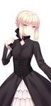  artoria_pendragon_(all) black_dress black_ribbon collarbone dress eyebrows_visible_through_hair fate/hollow_ataraxia fate_(series) gothic_lolita hair_ribbon lolita_fashion looking_at_viewer ribbon saber_alter sidelocks silver_hair simple_background solo standing white_background yaho_(yaho0211) yellow_eyes 