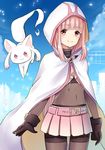  bangs bike_shorts black_gloves blue_sky blunt_bangs bodystocking cloak covered_navel day eyebrows_visible_through_hair gem gloves hood hood_up hooded_cloak kyubey long_hair looking_at_viewer magia_record:_mahou_shoujo_madoka_magica_gaiden magical_girl mahou_shoujo_madoka_magica miniskirt petals pink_eyes pink_hair pink_skirt pleated_skirt shorts shorts_under_skirt sidelocks skirt sky smile solo suzuki_puramo tamaki_iroha very_long_hair 