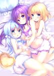  3girls :d amedamacon bangs bare_arms bare_shoulders bed_sheet blonde_hair blue_eyes blue_hair blush breasts camisole cleavage closed_mouth commentary_request eyebrows_visible_through_hair fingernails frilled_pillow frills girl_sandwich gochuumon_wa_usagi_desu_ka? hair_between_eyes hair_ribbon heart heart_pillow highres hug hug_from_behind kafuu_chino kirima_sharo long_hair lying medium_breasts midriff multiple_girls navel on_side open_mouth pillow puffy_shorts purple_eyes purple_hair ribbon sandwiched short_shorts shorts small_breasts smile tedeza_rize very_long_hair white_camisole white_ribbon white_shorts 