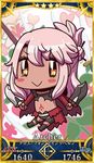  :&gt; april_fools blush_stickers chibi chloe_von_einzbern dark_skin fate/grand_order fate/kaleid_liner_prisma_illya fate_(series) flower heart highres holding holding_sword holding_weapon long_hair looking_at_viewer navel official_art pink_hair riyo_(lyomsnpmp) servant_card_(fate/grand_order) solo sword tattoo weapon 