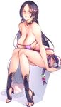  bangs bare_shoulders bikini boots breasts choker eyepatch_bikini fate/grand_order fate_(series) hair_ornament large_breasts leaning_forward lips long_hair looking_at_viewer low-tied_long_hair minamoto_no_raikou_(fate/grand_order) minamoto_no_raikou_(swimsuit_lancer)_(fate) nanao_(mahaya) parted_bangs parted_lips purple_bikini purple_eyes purple_hair shiny shiny_hair side-tie_bikini sitting solo spread_toes swimsuit toeless_boots very_long_hair white_background 