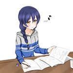  blue_hair blush book braid collarbone eighth_note eraser eyebrows_visible_through_hair hair_between_eyes holding holding_pen long_hair love_live! love_live!_school_idol_project musical_note open_book pen roaru_(gyuren) simple_background single_braid sitting smile solo sonoda_umi sweater white_background yellow_eyes zipper 