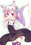  :3 :d animal_band_legwear animal_ears asymmetrical_legwear bell black_legwear black_skirt blue_ribbon blush cat_band_legwear collarbone collared_shirt commentary_request cowboy_shot esureki eyebrows_visible_through_hair fang fox_ears fox_girl fox_tail frilled_skirt frills hair_bell hair_between_eyes hair_ornament hair_ribbon highres jingle_bell leg_belt long_hair long_sleeves looking_at_viewer open_mouth original overall_skirt paw_pose purple_belt purple_eyes purple_hair ribbon shirt simple_background single_thighhigh skirt smile solo star tail tareme thighhighs white_background white_shirt 