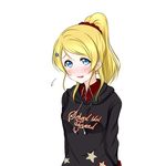  :d arms_behind_back ayase_eli black_sweater blonde_hair blue_eyes copyright_name hair_ornament hair_scrunchie hairclip high_ponytail looking_at_viewer love_live! love_live!_school_idol_project open_mouth red_scrunchie roaru_(gyuren) scrunchie simple_background smile solo standing star star_print sweater upper_body white_background 