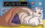  2017 anthro bed bedding big_breasts blanket blush breasts caprine female fuwuart goat huge_breasts looking_at_viewer mammal smile text toriel undertale video_games 