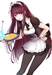  :o apron bangs black_legwear blush commentary_request eyebrows_visible_through_hair frilled_apron frills girls_frontline highres holding holding_tray long_hair looking_at_viewer luse_maonang maid maid_headdress omelet open_mouth pantyhose puffy_short_sleeves puffy_sleeves purple_eyes purple_hair short_sleeves simple_background solo standing thighs tray tsurime v-shaped_eyebrows very_long_hair wa2000_(girls_frontline) white_background wrist_cuffs yaranaika 